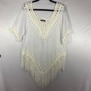 Vivid imports boho cotton blend fringe and crochet challis shirt